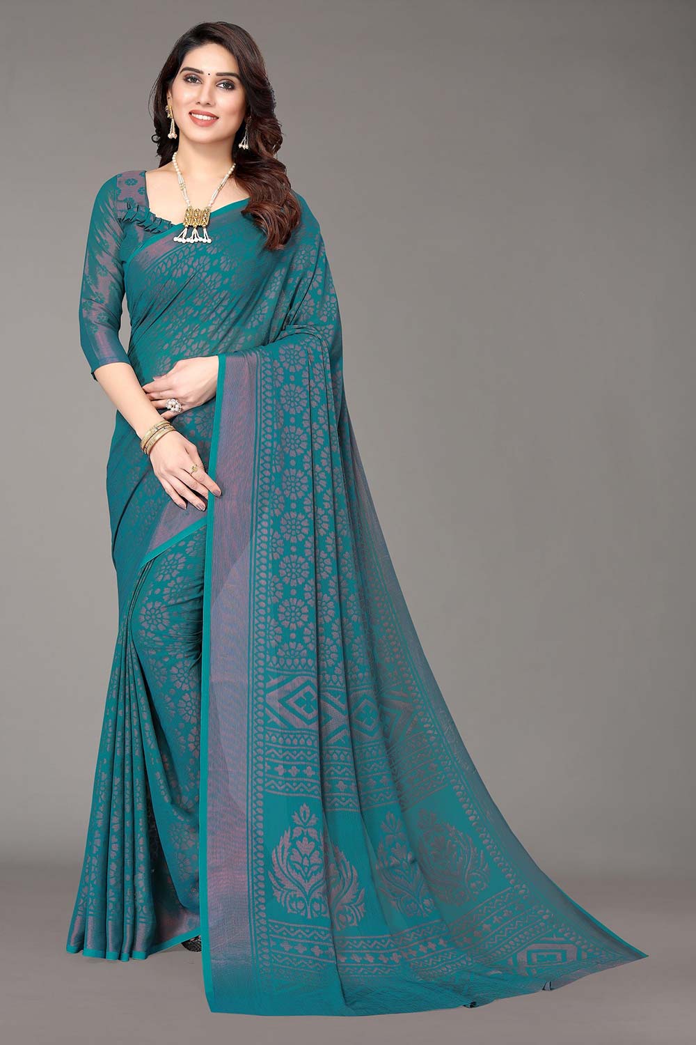 Green Chiffon printed Saree