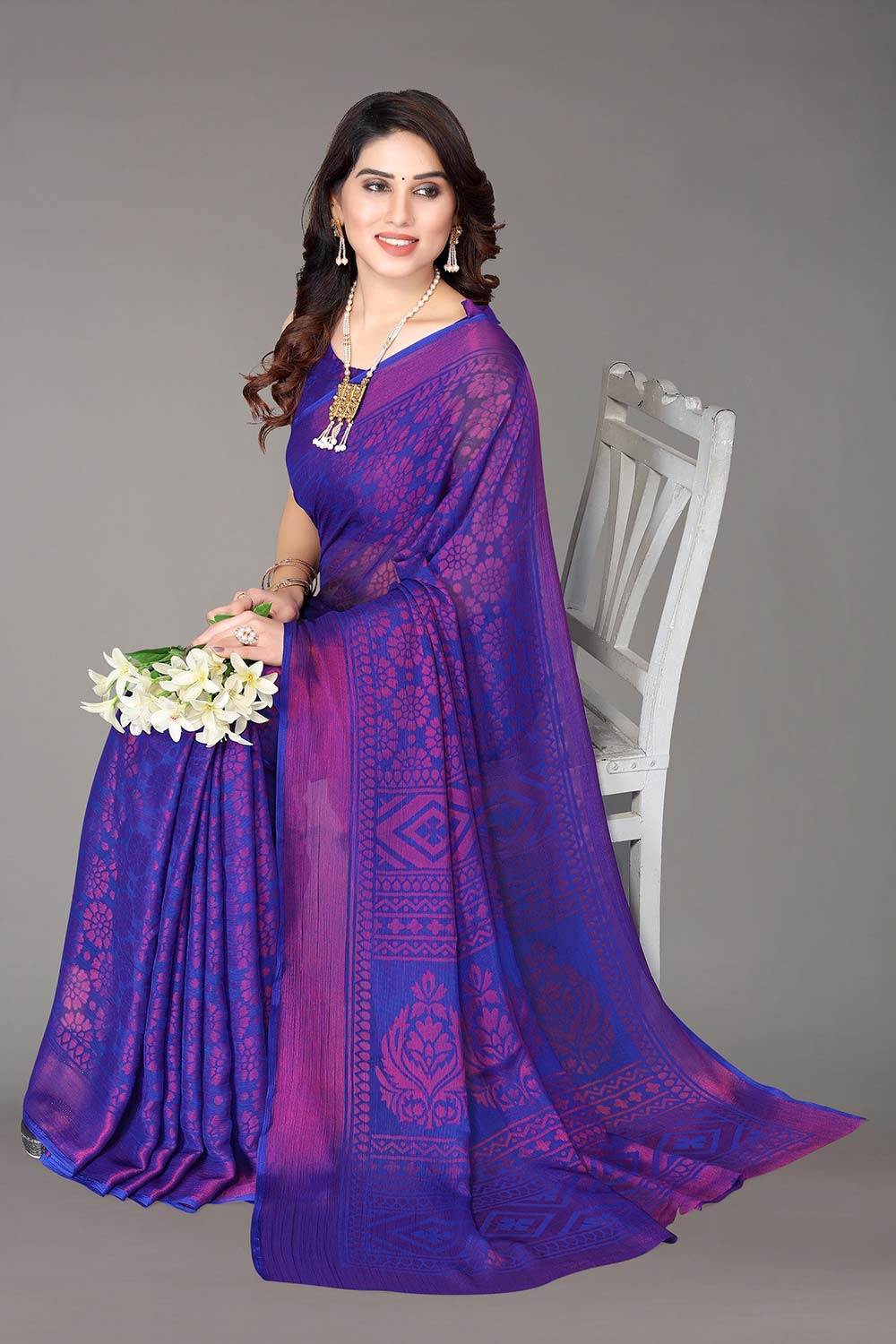 Blue Chiffon printed Saree