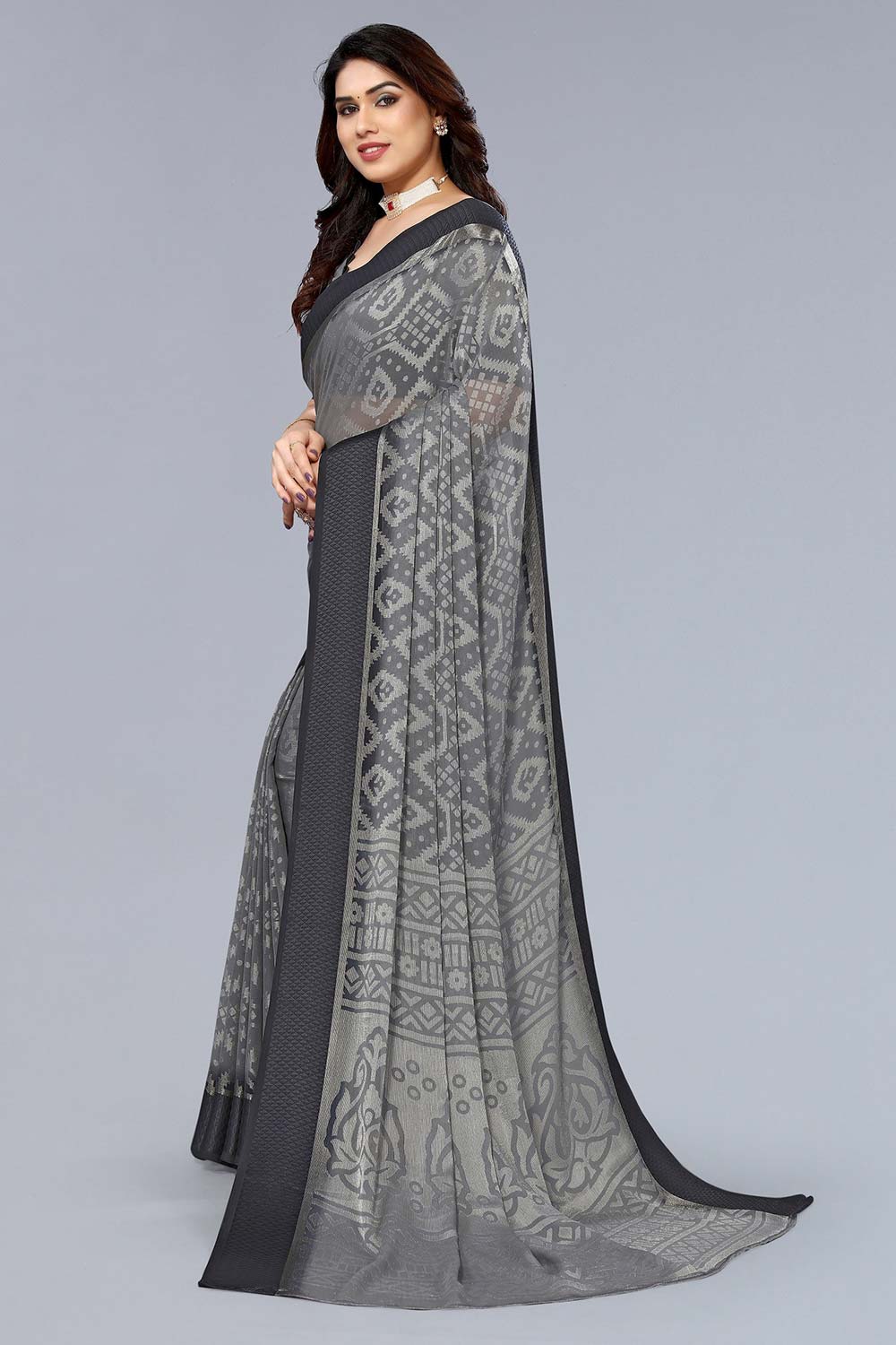 Grey Chiffon printed Saree