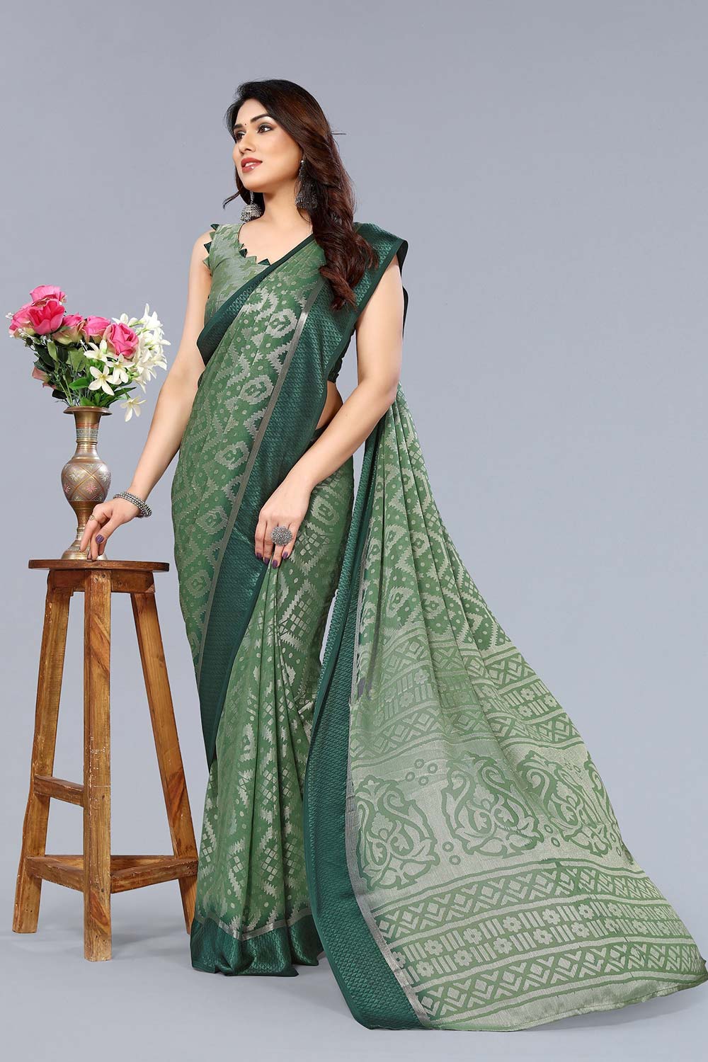 Green Chiffon printed Saree