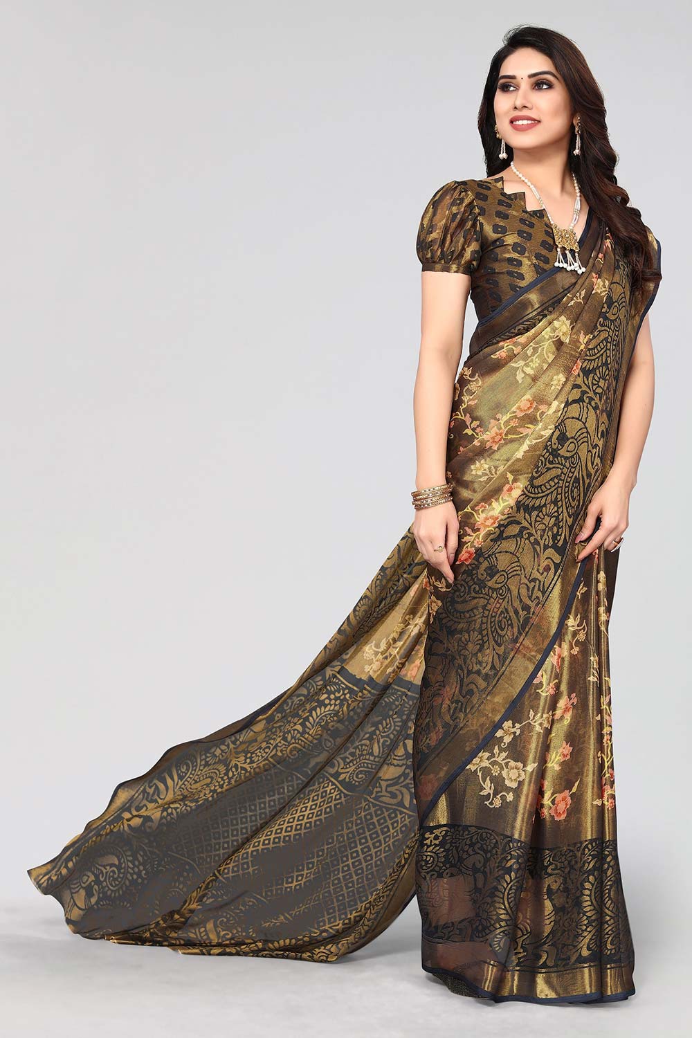 Grey Chiffon printed Saree