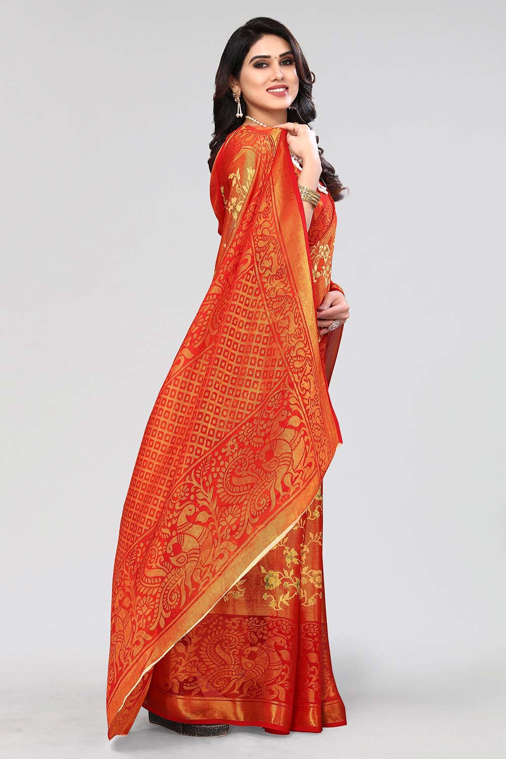 Red Chiffon printed Saree