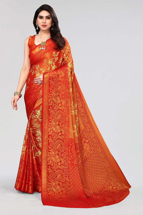 Red Chiffon printed Saree