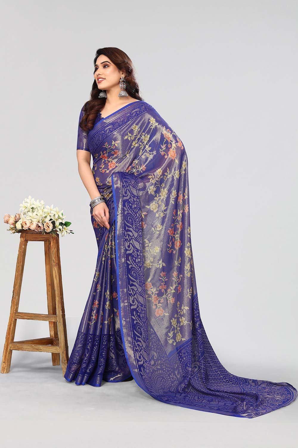 Blue Chiffon printed Saree