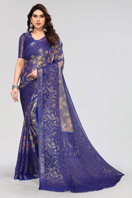 Blue Chiffon printed Saree