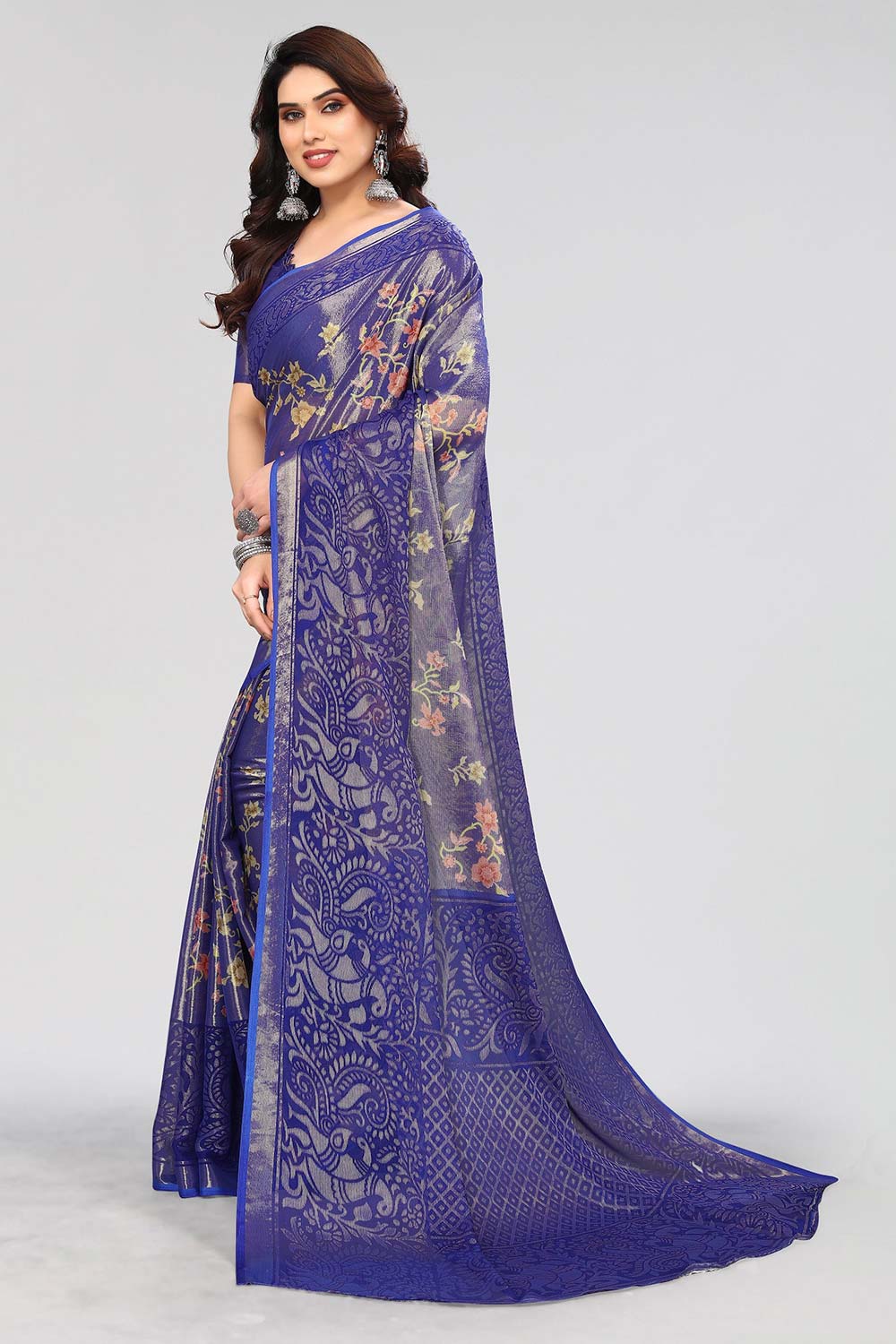 Blue Chiffon printed Saree