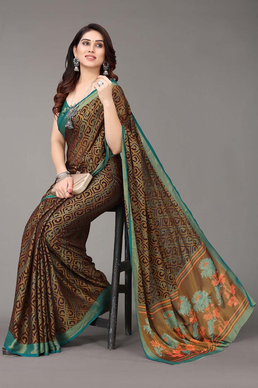 Brown Chiffon printed Saree