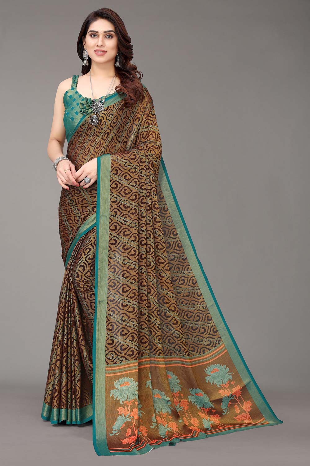 Brown Chiffon printed Saree