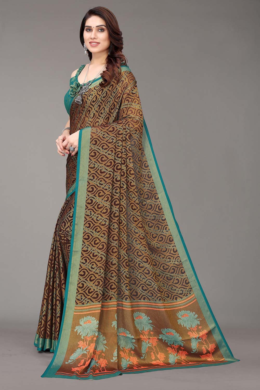 Brown Chiffon printed Saree