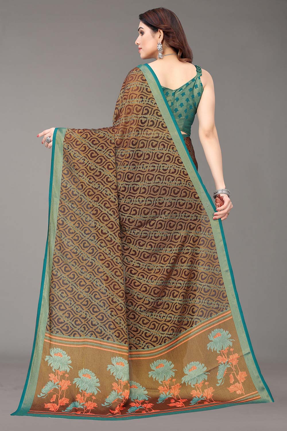 Brown Chiffon printed Saree