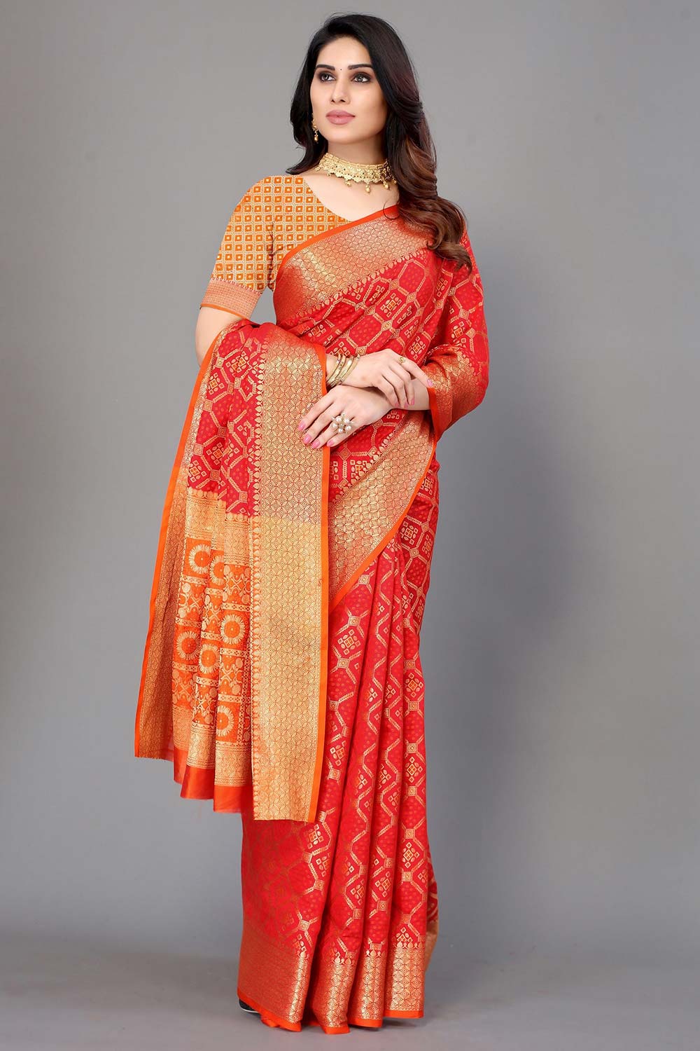 Red Silk Blend Woven Saree