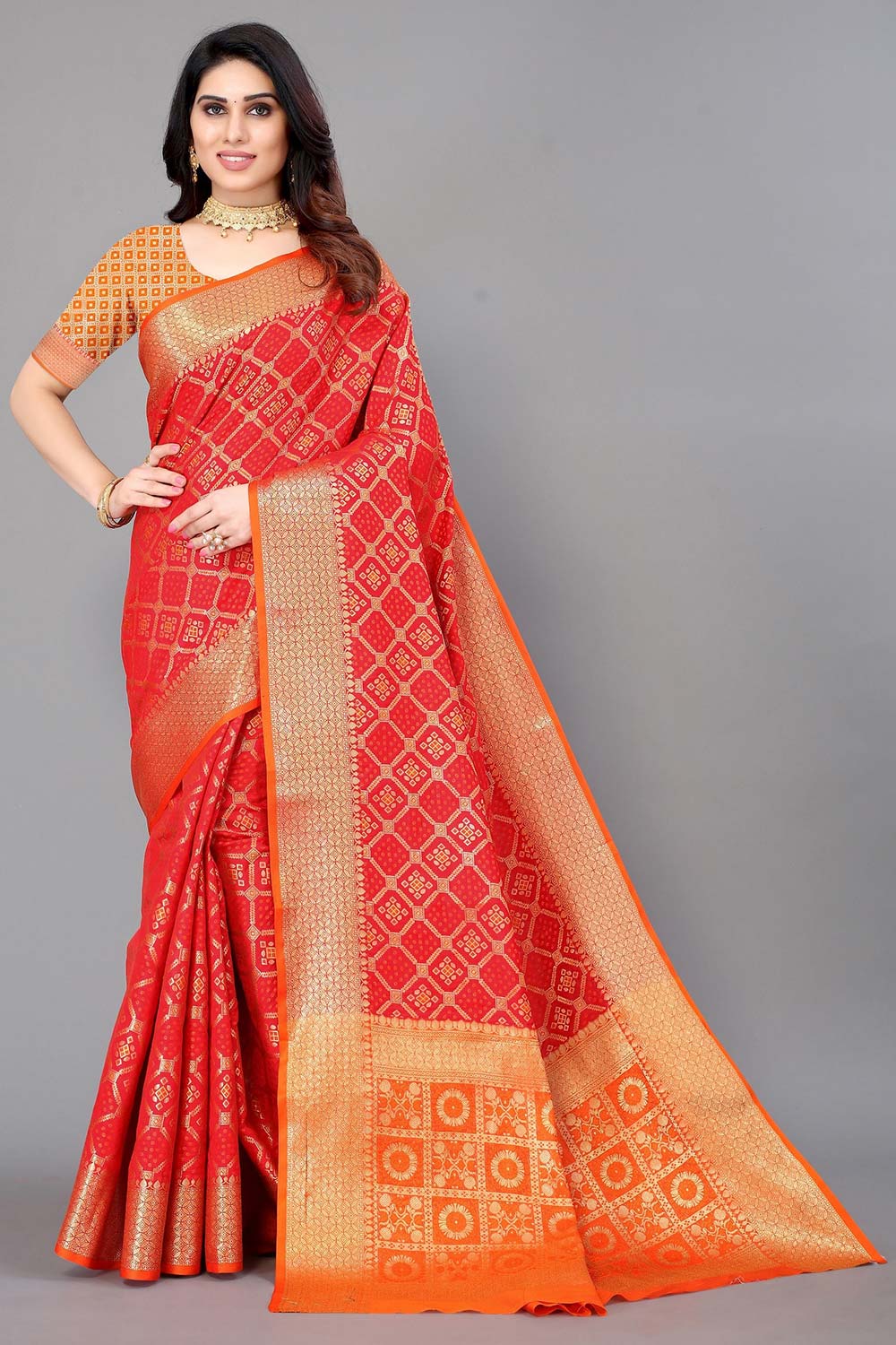 Red Silk Blend Woven Saree