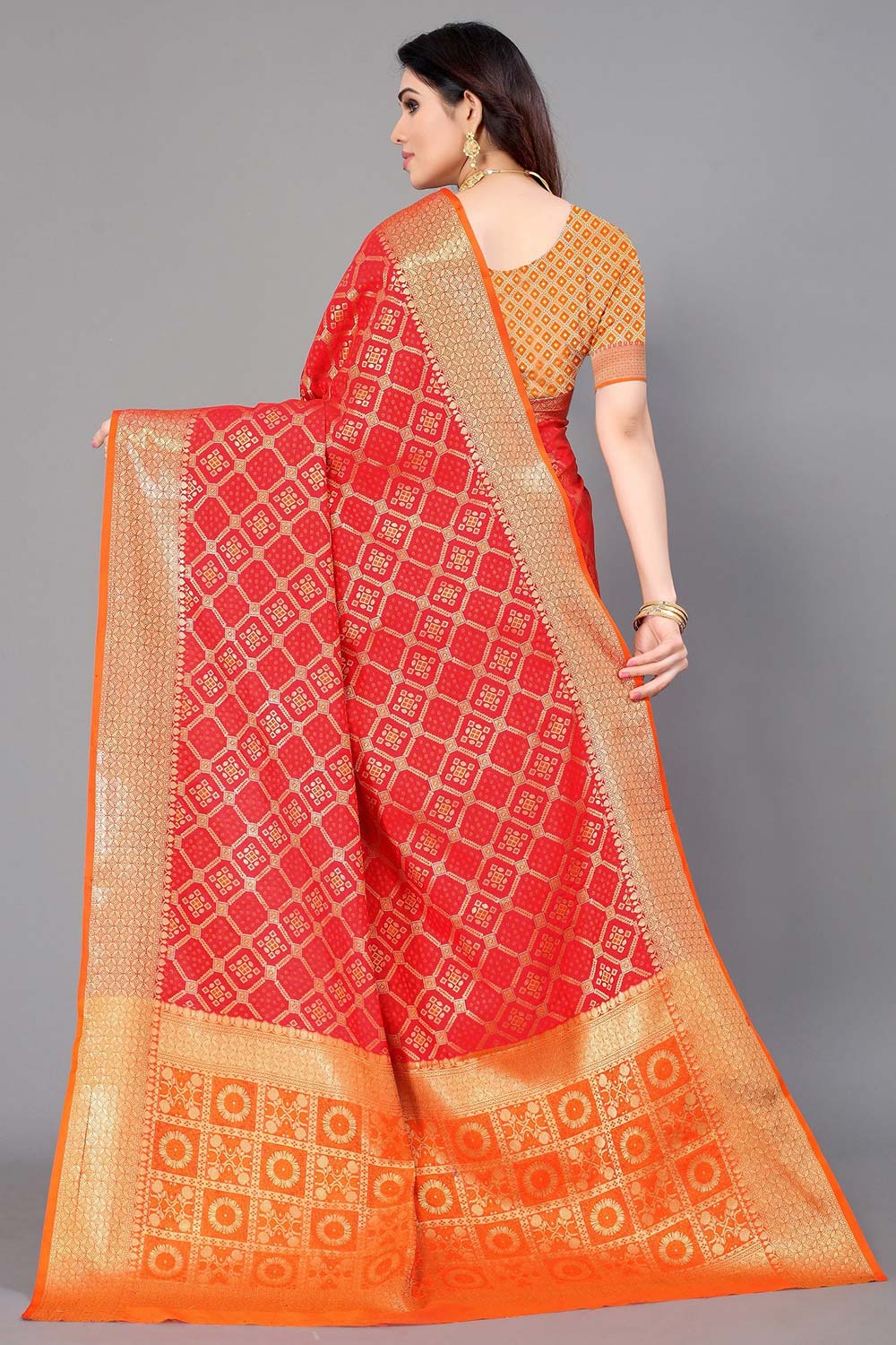 Red Silk Blend Woven Saree