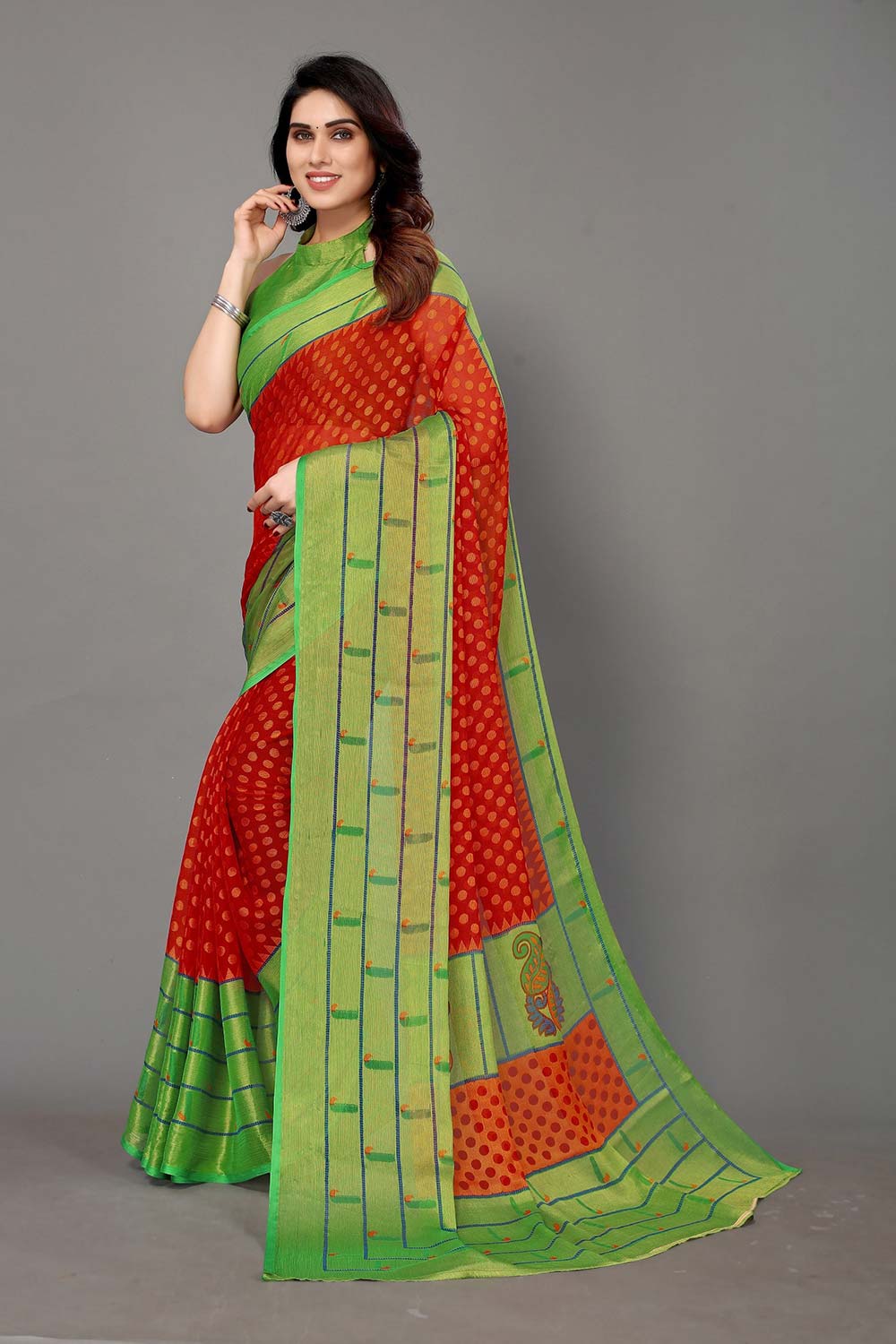 Red Chiffon printed Saree