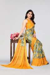 Yellow Chiffon printed Saree