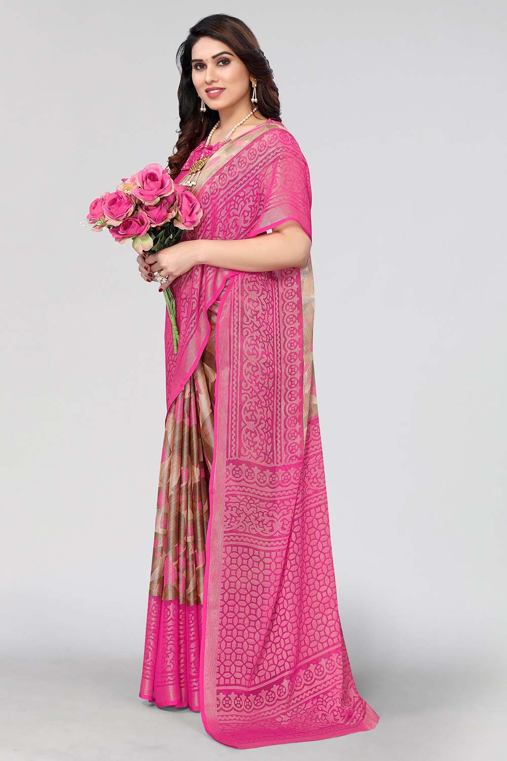 Pink Chiffon printed Saree