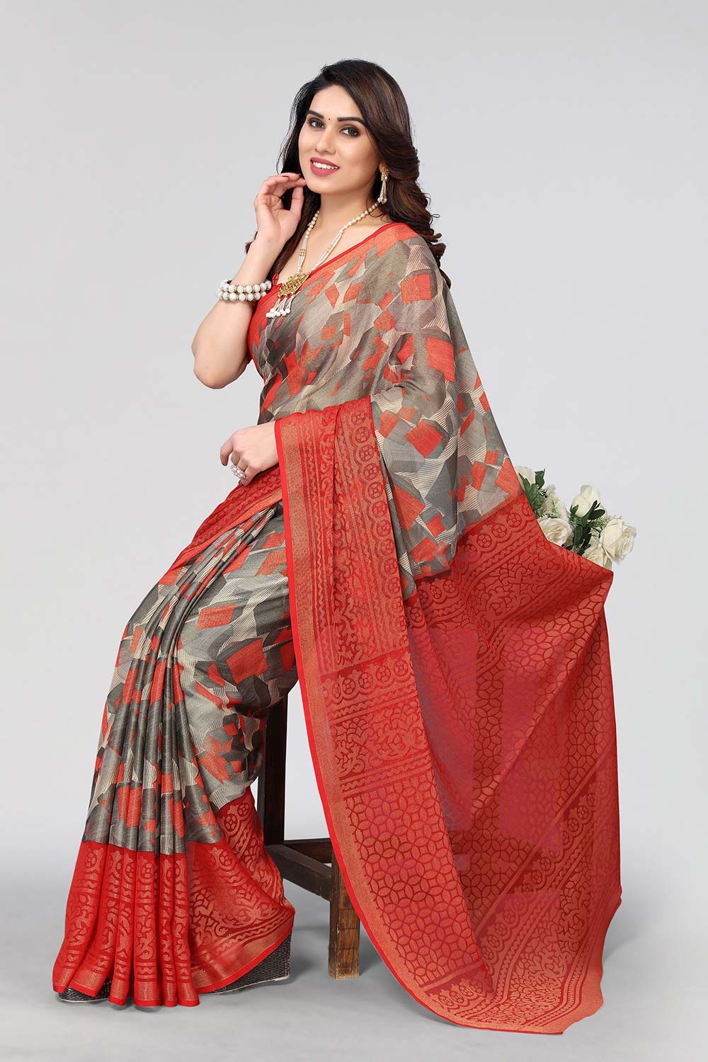 Red Chiffon printed Saree