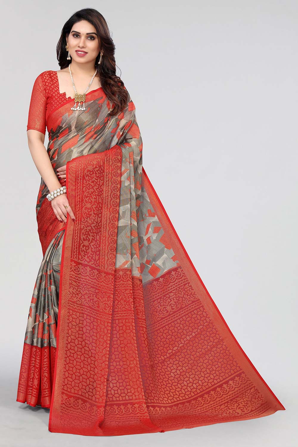 Red Chiffon printed Saree