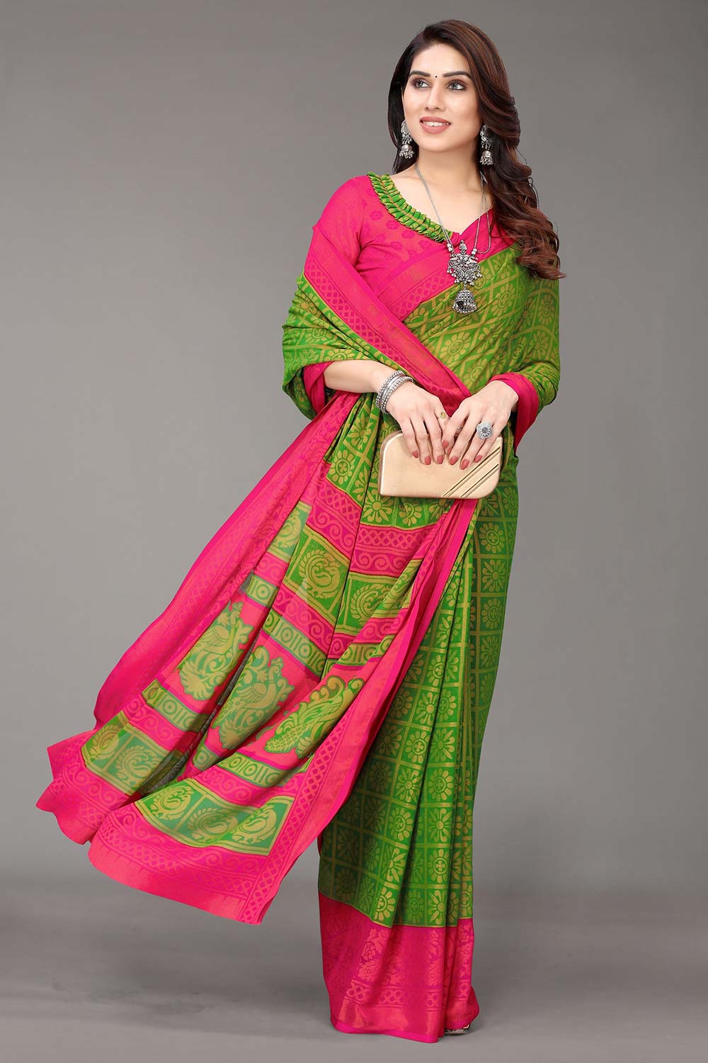 Green Chiffon printed Saree