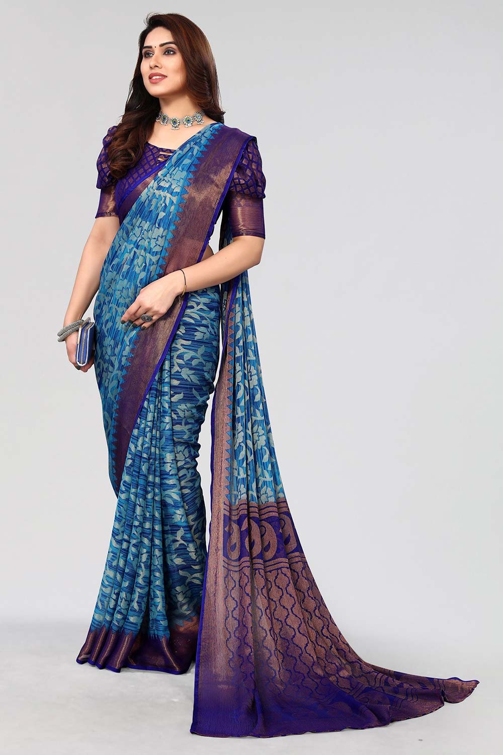 Blue Chiffon printed Saree