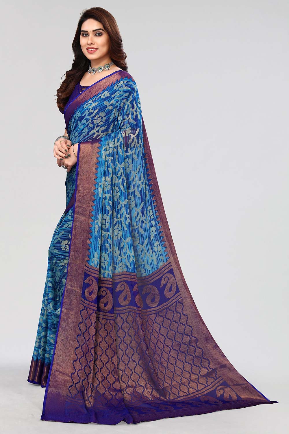 Blue Chiffon printed Saree