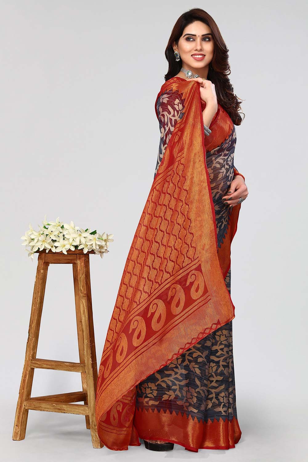 Grey Chiffon printed Saree