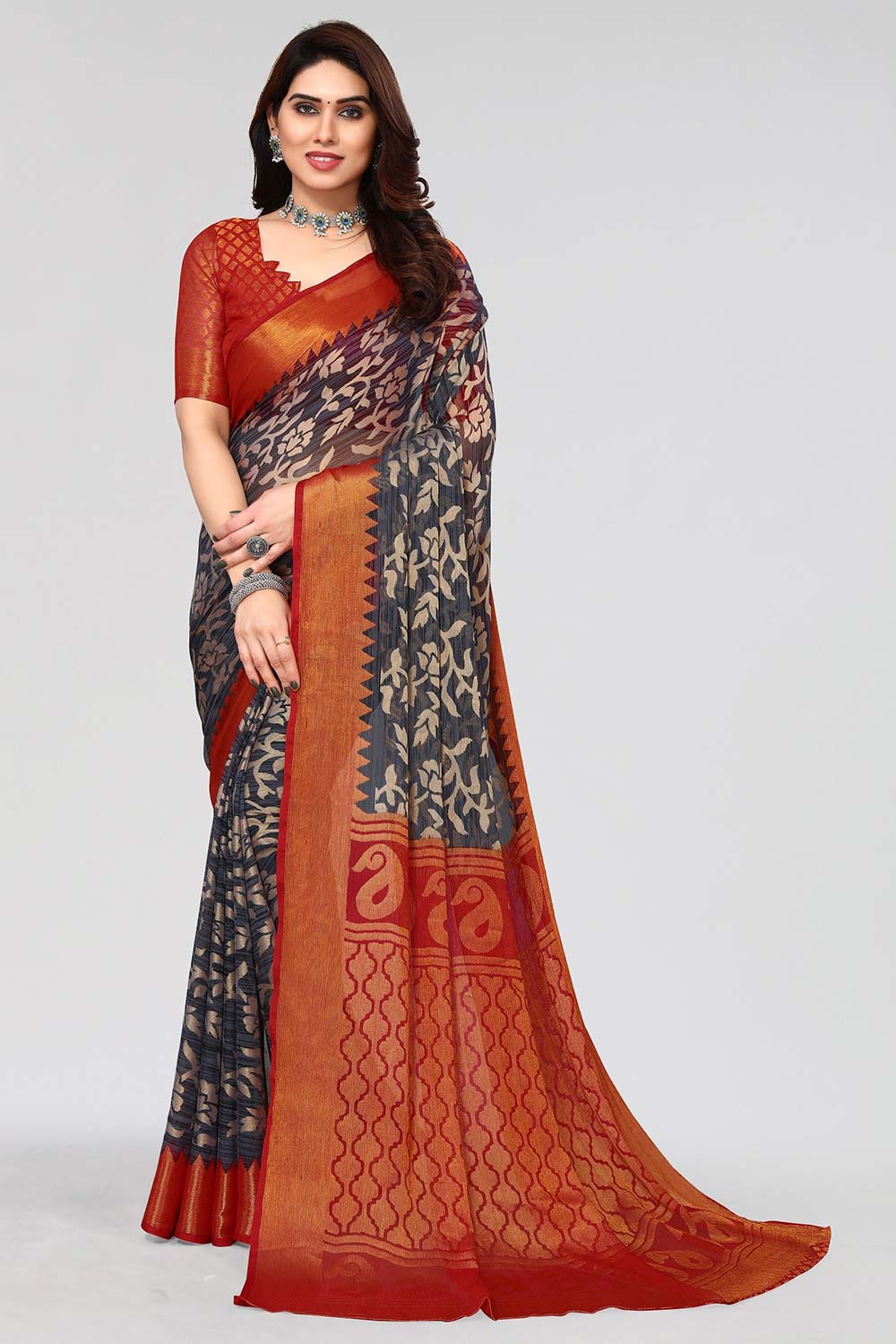 Grey Chiffon printed Saree