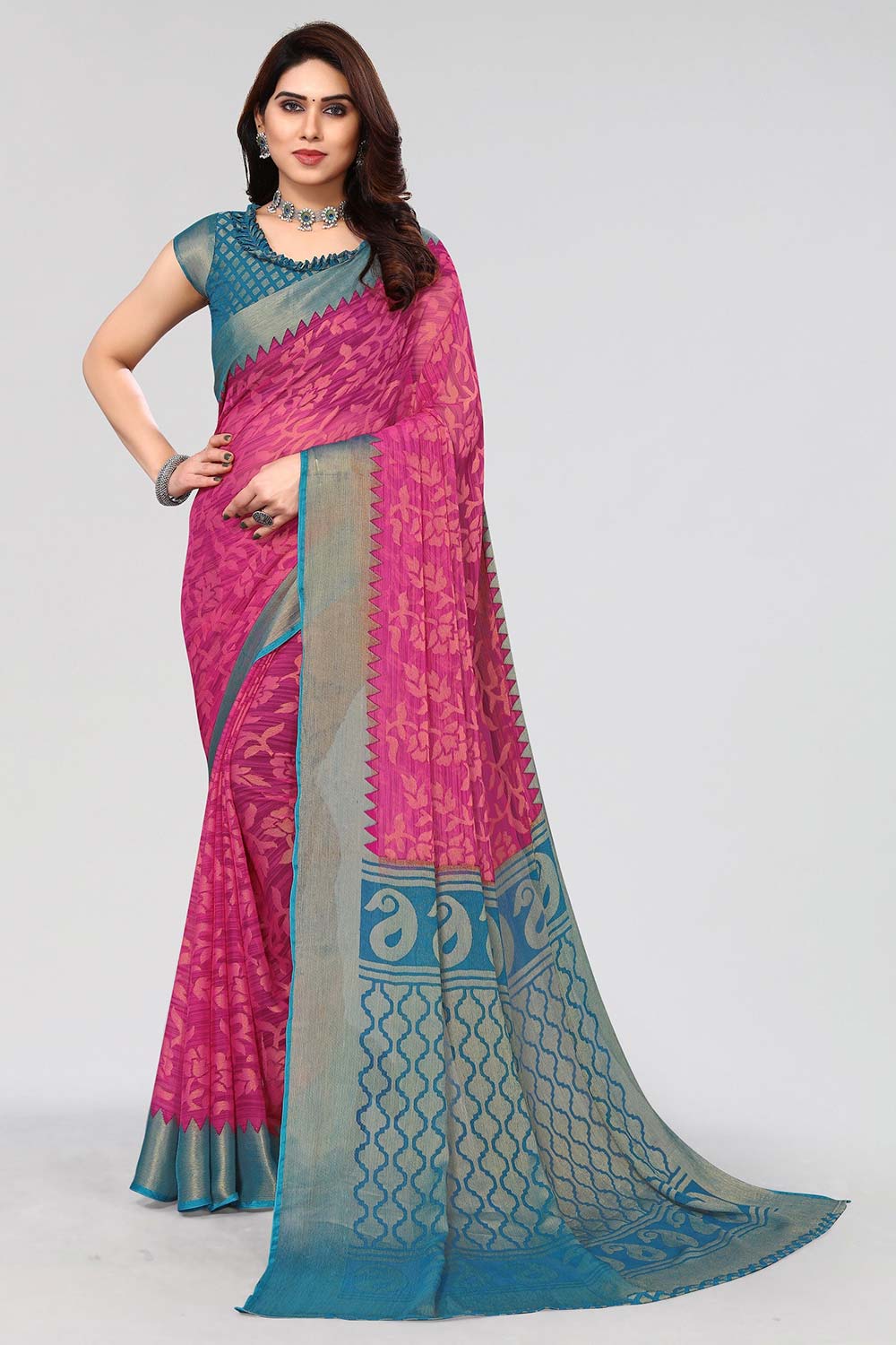 Pink Chiffon printed Saree