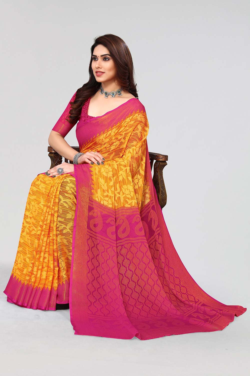 Yellow Chiffon printed Saree