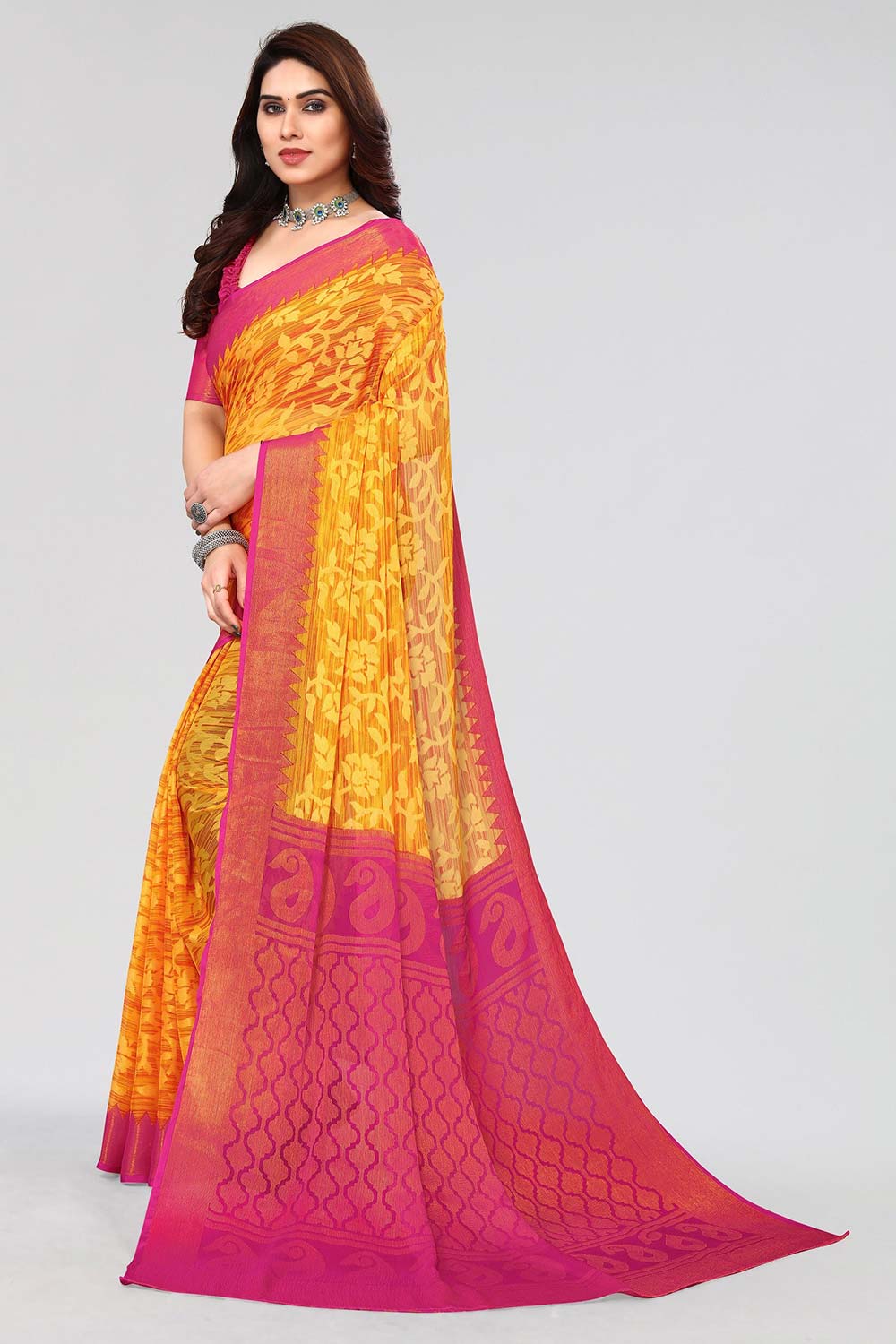 Yellow Chiffon printed Saree