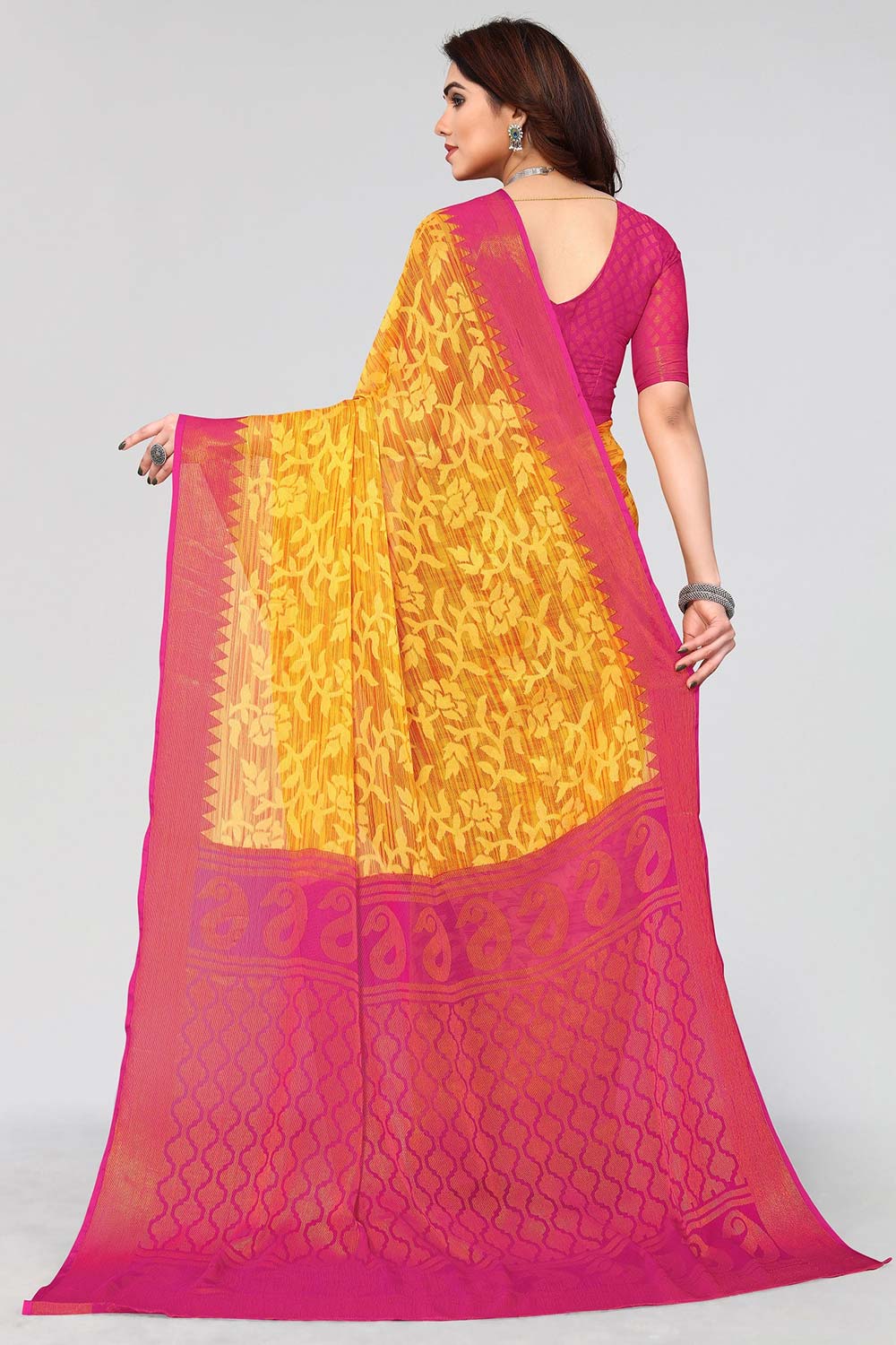 Yellow Chiffon printed Saree