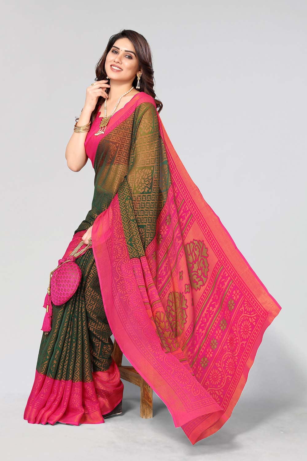 Green Chiffon printed Saree