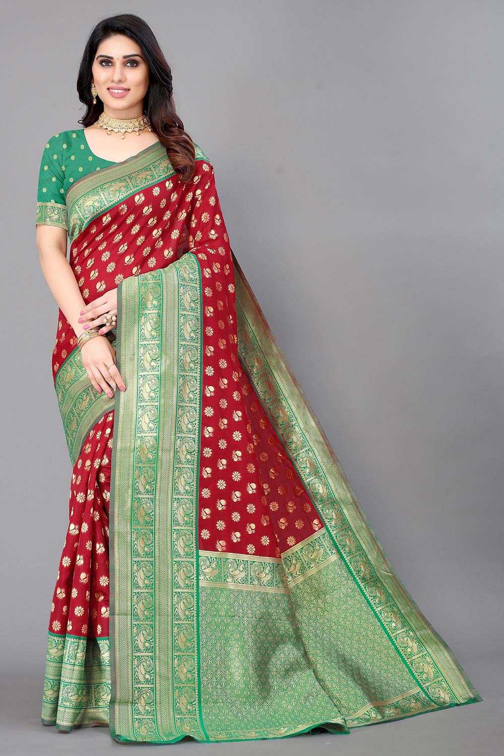 Red Silk Blend Woven Saree