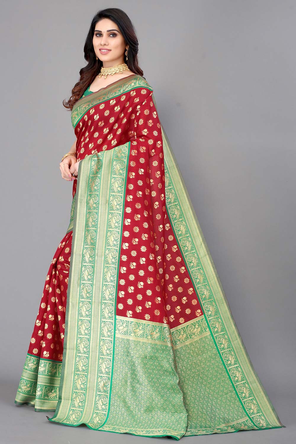 Red Silk Blend Woven Saree