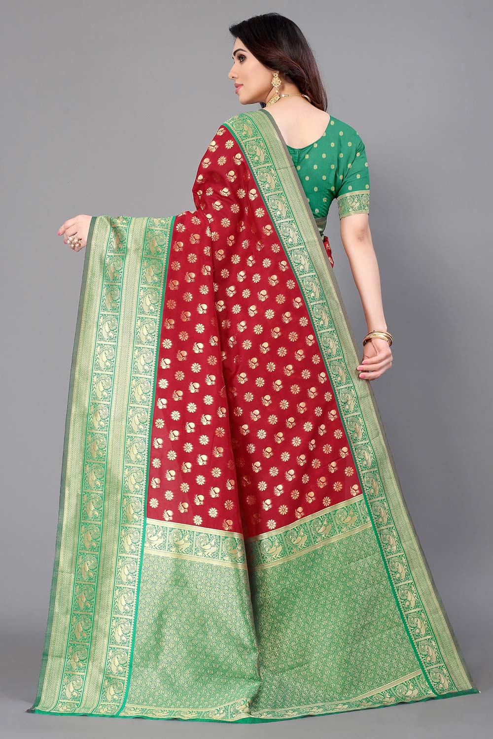 Red Silk Blend Woven Saree