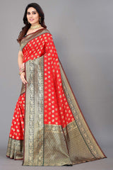 Red Silk Blend Woven Saree