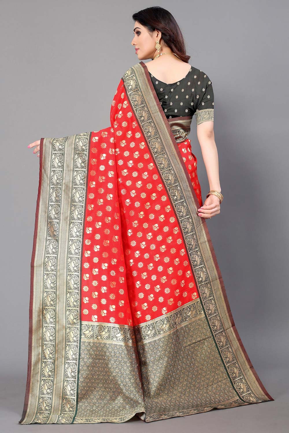 Red Silk Blend Woven Saree