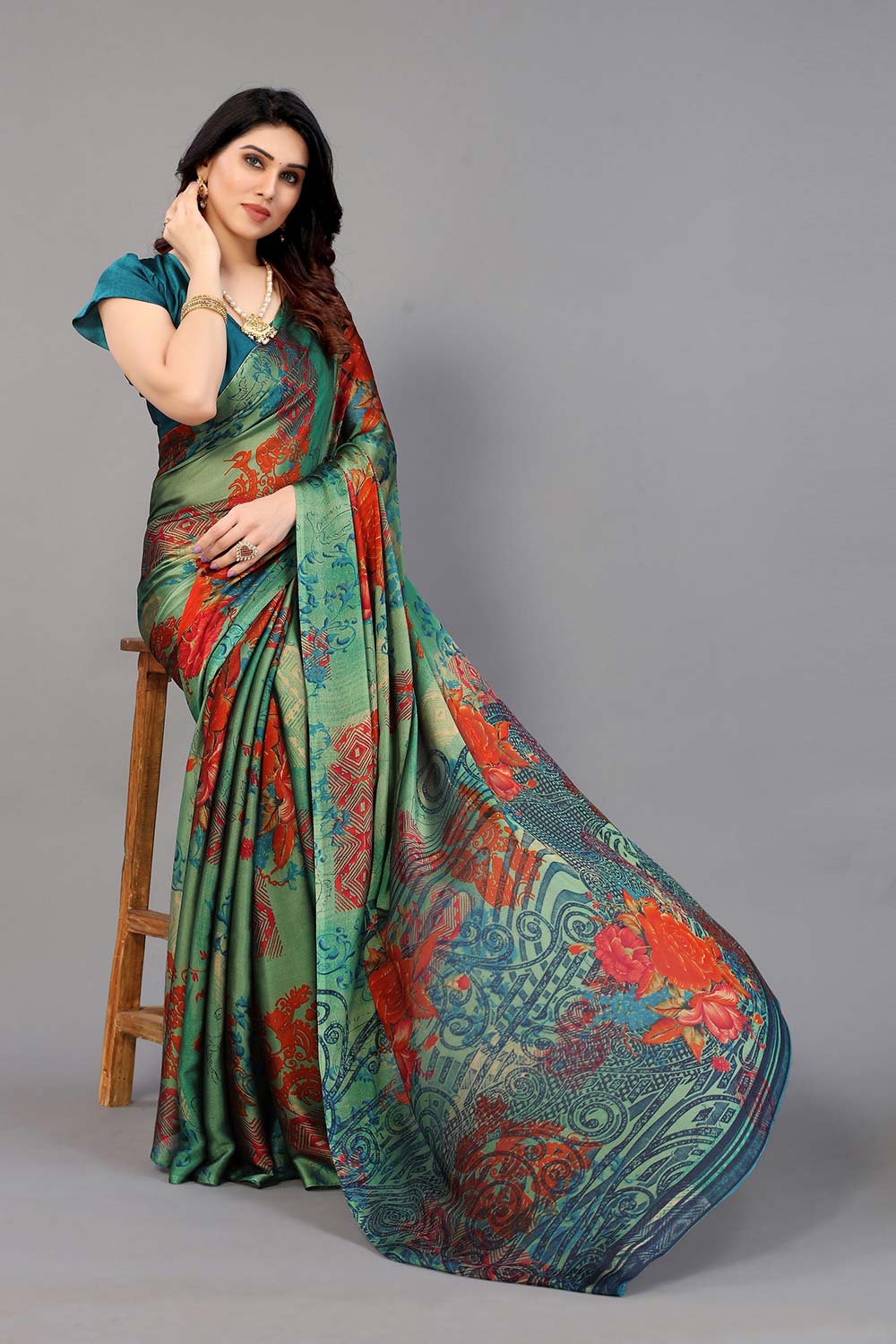 Green Chiffon printed Saree