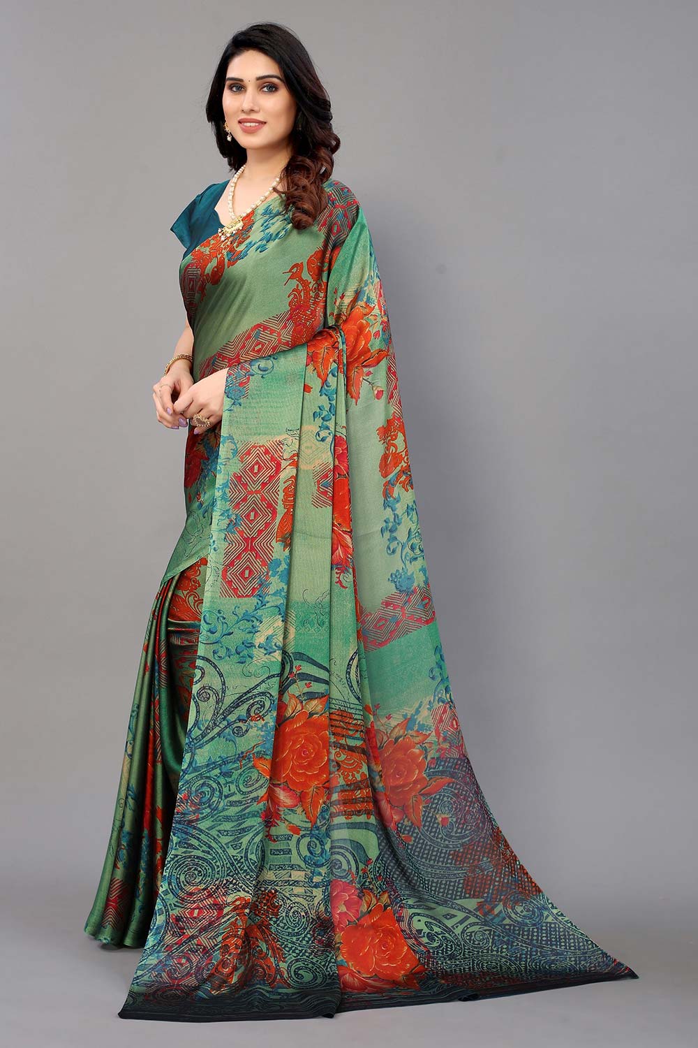 Green Chiffon printed Saree