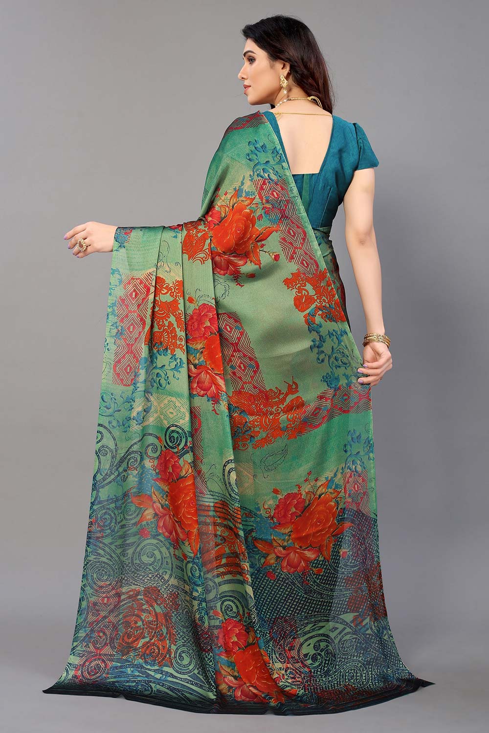 Green Chiffon printed Saree