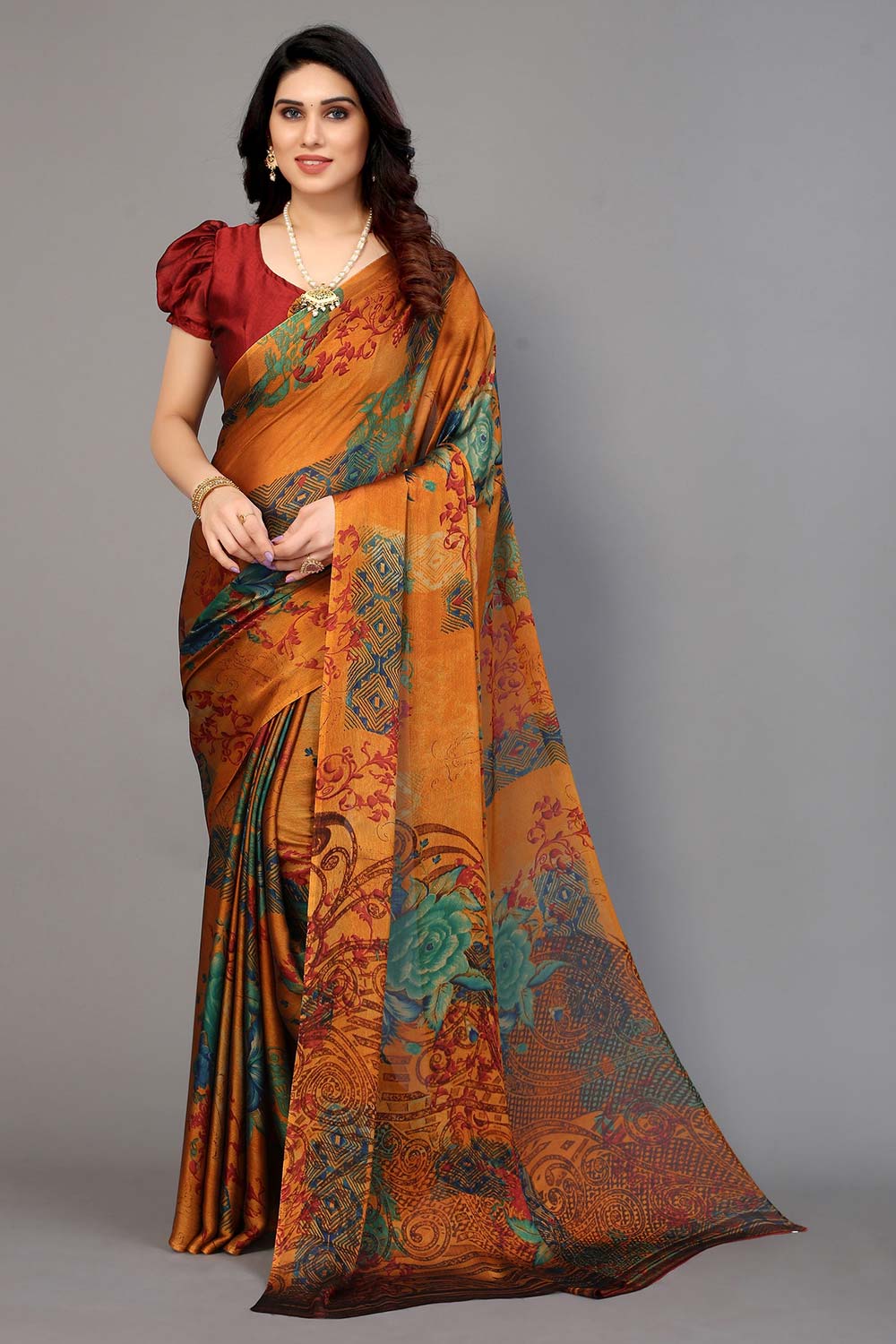 Orange Chiffon printed Saree