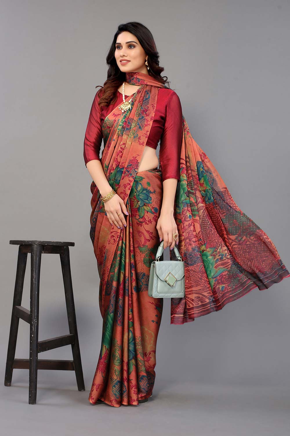 red Chiffon printed Saree