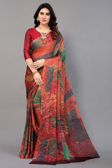 red Chiffon printed Saree