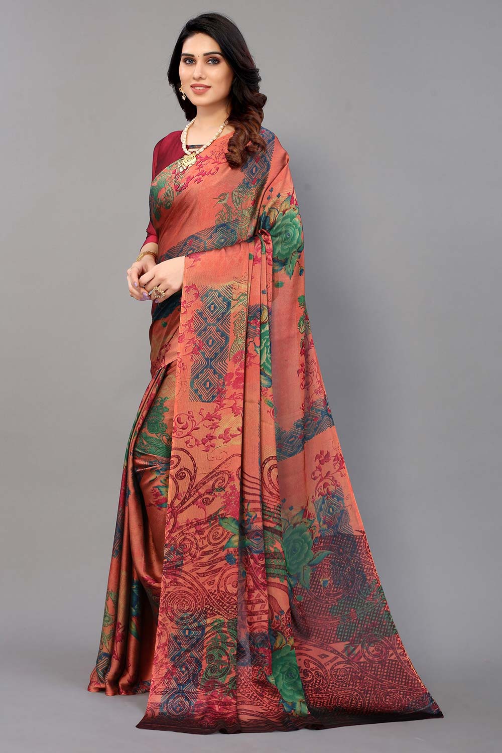 red Chiffon printed Saree