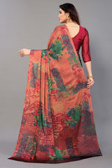 red Chiffon printed Saree