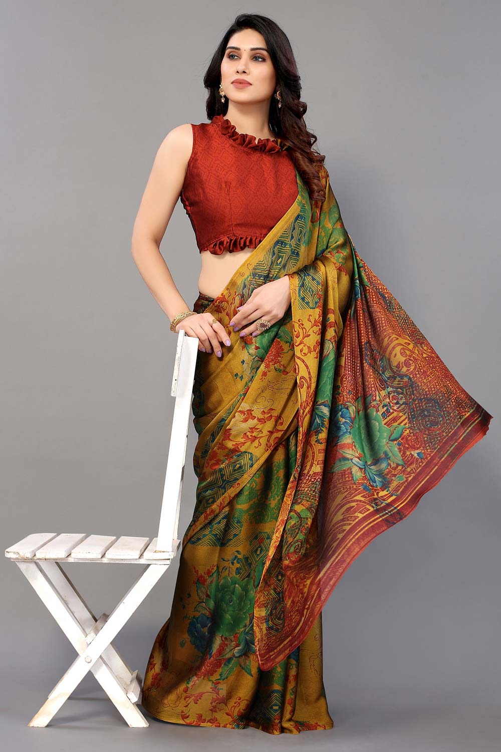 Yellow Chiffon printed Saree