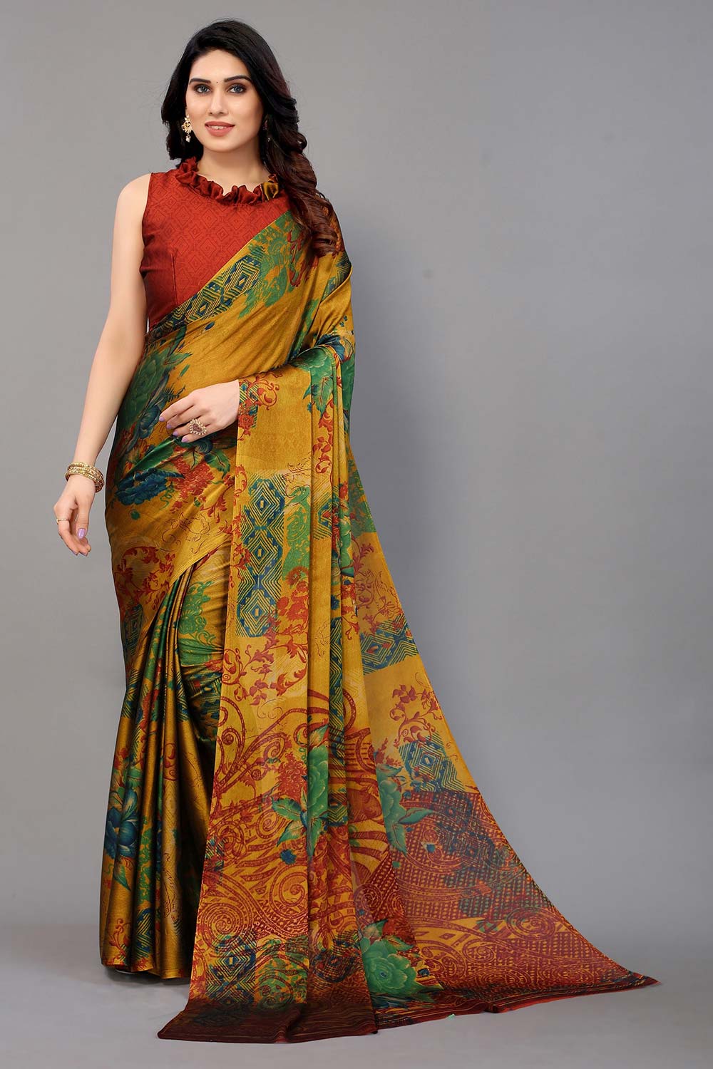 Yellow Chiffon printed Saree