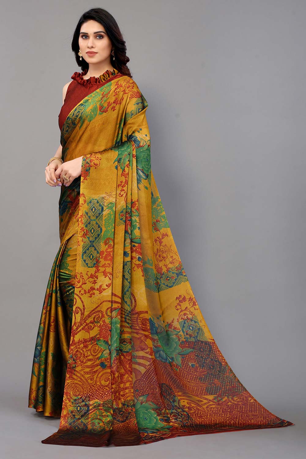 Yellow Chiffon printed Saree