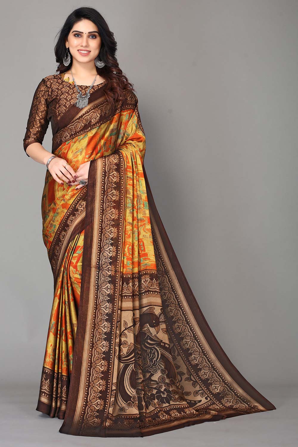 Brown Chiffon printed Saree