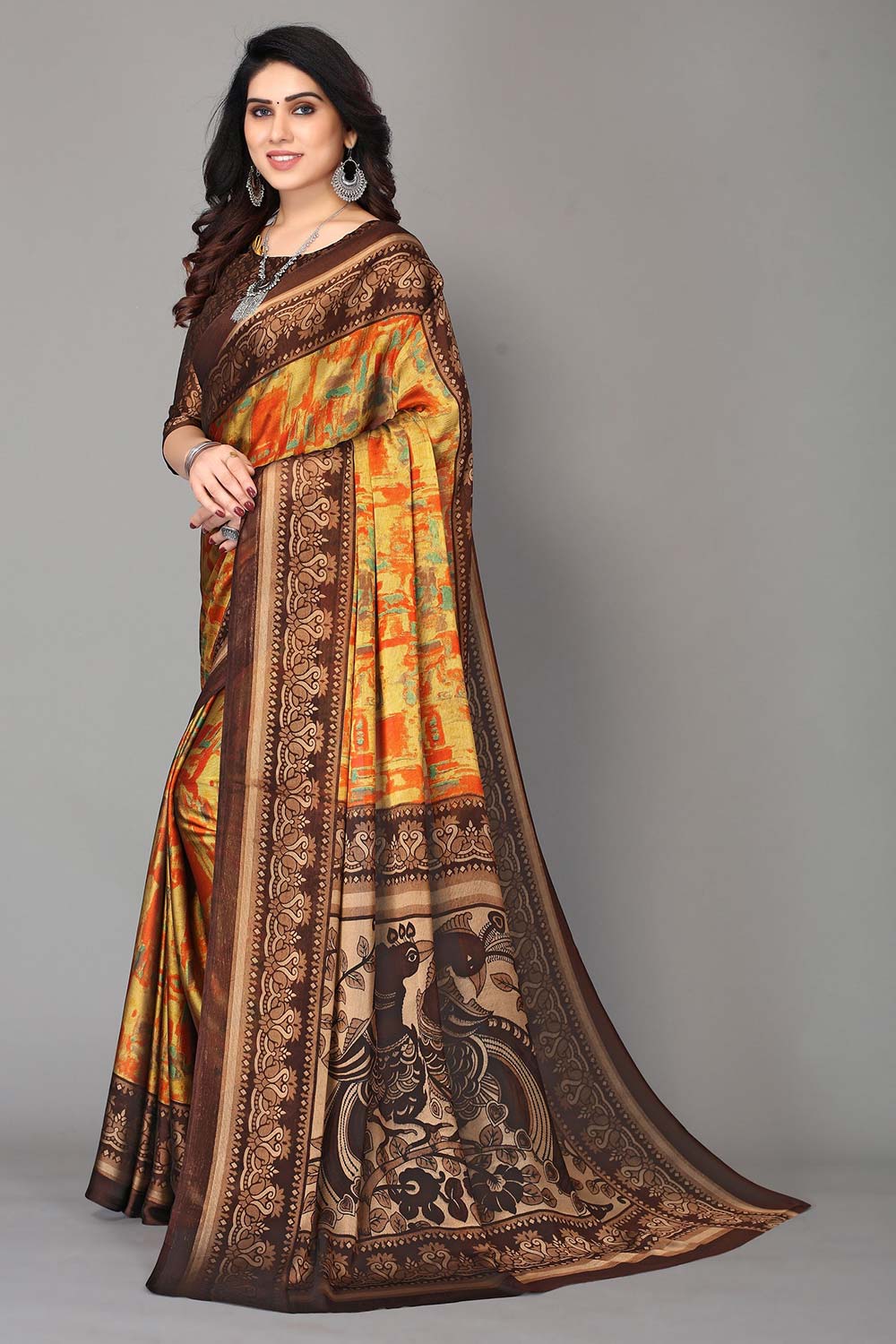 Brown Chiffon printed Saree